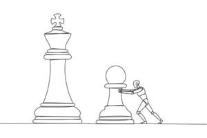 Single continuous line drawing smart robot future technology push huge pawn chess piece. Business strategy and marketing plan. Strategic move in business concept. One line design illustration vector