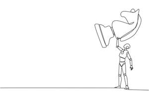 Single one line drawing smart strong robotic holding, lifting horse chess piece. Successful entrepreneurship tactics, strategy, superiority in business. Continuous line design graphic illustration vector
