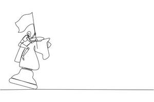 Continuous one line drawing robot future tech riding big chess horse knight and holding flag, strategy, competitive, strategic move in business concept. Single line draw design illustration vector