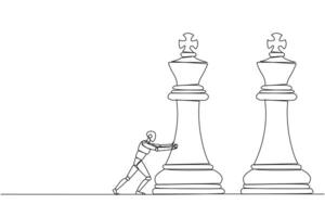 Single one line drawing smart robot newest technology push huge king chess piece. Business strategy and marketing plan. Strategic move in business concept. Continuous line design graphic illustration vector