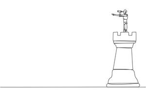 Continuous one line drawing robot future tech on top of big rook chess piece using monocular looking for success, opportunities, future business trends. Single line draw design illustration vector