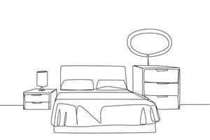 Single continuous line drawing stylish room with full furniture modern. Modern minimalist design. Equipped with a small lamp for lighting needs. Fully furnished. One line design illustration vector