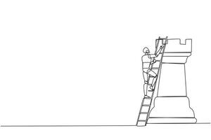 Single continuous line drawing smart robotic climb huge rook chess piece with ladder. Business strategy and marketing plan. Strategic move in business concept. One line design illustration vector