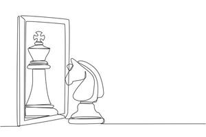 Continuous one line drawing horse chess standing in front of mirror, reflecting chess king. Metaphor of confidence. Success, opportunities concept. Chance. Single line draw design illustration vector