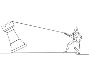 Single one line drawing smart robot future technology pulling big rook chess with rope. Business achievement goal, strategy, competitive, strategic concept. Continuous line design graphic illustration vector