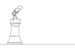 Single one line drawing robot future technology standing on top of big rook chess and waving a flag. Leader success concept. Successful business strategy. Continuous line design graphic illustration vector