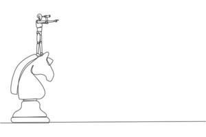 Single continuous line drawing robotic smart technology on top of big horse chess piece using monocular looking for success, opportunities, future business trend. One line design illustration vector