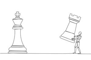 Continuous one line drawing smart robot holds rook chess to beat king chess. Strategic planning, business development strategy, tactics in entrepreneurship. Single line draw design illustration vector