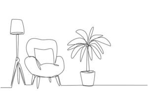 Single one line drawing stylish living room with full furniture modern. Clean for shared comfort. Comfortable armchairs with industrialist reading lamp. Continuous line design graphic illustration vector