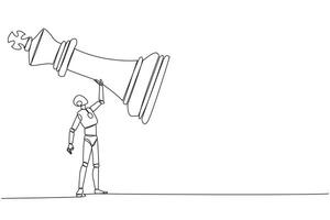 Continuous one line drawing robot future tech holding, lifting king chess piece. Successful entrepreneurship tactics or strategy, superiority in business. Single line draw design illustration vector