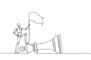 Single continuous line drawing smart robot holding flag, defeat competitor in business as winning chess game. Strategy success using powerful move for advantage. One line design illustration vector