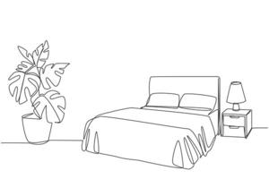 Single one line drawing stylish bed room with full furniture modern. Modern minimalist design. Comfortable bedroom with a comfortable mattress. Cozy room. Continuous line design graphic illustration vector