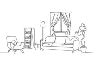 Single one line drawing stylish room with full furniture modern. Furniture showroom with Scandinavian interior design. Open windows with natural lighting. Continuous line design graphic illustration vector