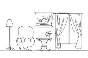 Continuous one line drawing stylish family room with full furniture modern. Scandinavian interior design with natural lighting and relatively large opening. Single line draw design illustration vector
