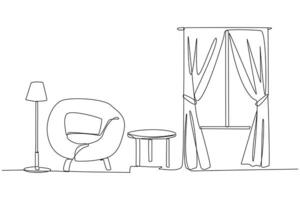 Single continuous line drawing stylish family room with full furniture modern. Scandinavian interior design. Minimalist interior with large opening and floor lamp. One line design illustration vector