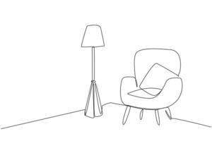 Single one line drawing stylish room with full furniture modern. A minimalist room with a trendy style. Comfortable sofa side by side with floor lamp. Cozy. Continuous line design graphic illustration vector