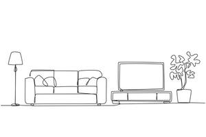 Continuous one line drawing stylish family room with full furniture modern. Modern minimalist. Equipped with floor lamp for lighting needs and a television. Single line draw design illustration vector