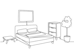Continuous one line drawing stylish room with full furniture modern. Spring bed and pillow make more comfortable. Room where can rest to relieve fatigue. Single line draw design illustration vector