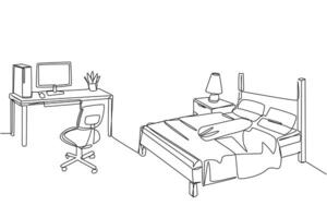 Continuous one line drawing stylish bedroom with full furniture modern. Spacious modern design. Equipped with a computer for technology needs. Cozy room. Single line draw design illustration vector