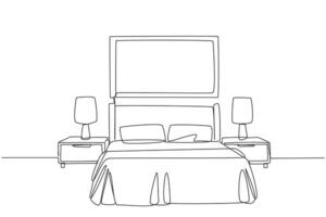 Continuous one line drawing stylish room with full furniture modern. A room layout resembling a hotel with a spring bed flanked by two drawers. Staycation. Single line draw design illustration vector