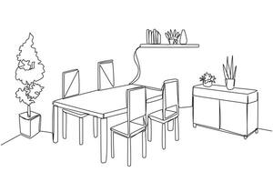 Single continuous line drawing old-style dining room. Made simple and modern with the presence of several additional decorative items. Vintage style dining table. One line design illustration vector