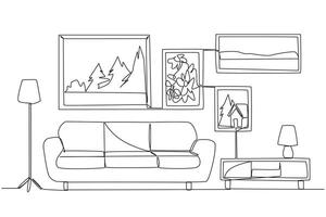 Continuous one line drawing stylish family room with three soft seat sofa. Scandinavian interior design with wood as the main material for furniture. Cozy. Single line draw design illustration vector