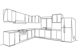 Single one line drawing stylish kitchen with full furniture modern. There is a huge two-door refrigerator that adds a luxurious impression to the kitchen. Continuous line design graphic illustration vector