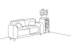 Single continuous line drawing stylish living room with full furniture modern. Design simple minimalist. Comfortable waiting room with comfortable sofa. Cozy room. One line design illustration vector