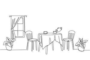Single continuous line drawing stylish room with full furniture modern. Relaxing space for drinking tea or coffee. Scandinavian design interior. Simple minimalist. One line design illustration vector