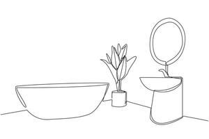 Continuous one line drawing stylish bathroom with furniture modern. There is a mini bathtub and sink that are parallel. Simple bathroom furniture layout. Single line draw design illustration vector