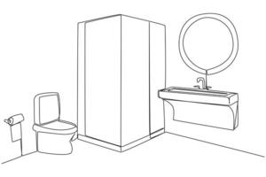 Single continuous line drawing stylish bathroom with full furniture modern. Separation of dry toilets and wet toilets with the installation of a shower cubicle. One line design illustration vector