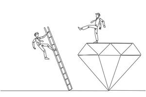 Single continuous line drawing businessman kicks rival who is climbing the diamond with a ladder. Knocking rival down from achieving a glorious position together. One line design illustration vector