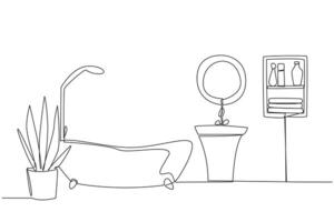 Single continuous line drawing mini bathtub with shower and sink. Simple layout at bathroom. Classic that gives an elegant impression. The bathroom is kept clean. One line design illustration vector