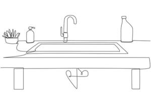 Single one line drawing a minimalist dishwashing place that is clean from dirty plates used from breakfast. Cleanliness make it more elegant. Hygienic. Continuous line design graphic illustration vector