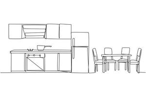 Continuous one line drawing the kitchen room has elegant classic feel. The dining table in a row gives a minimalist impression. Semi-modern style kitchen. Single line draw design illustration vector
