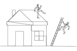 Single continuous line drawing businessman kicks opponent who climbs a miniature house with stairs. Metaphor of fraud committed by house developers. Bad business. One line design illustration vector