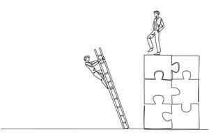Continuous one line drawing businessman kicks opponent who climbing the puzzle with stairs. Betrayed by colleague when successfully resolving a problem. Single line draw design illustration vector