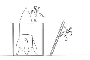 Single continuous line drawing businessman kicks opponent who climbing the rocket with ladder. Failure to open new business. Cheated by business friend. Traitor. One line design illustration vector