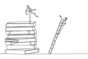 Single one line drawing businessman kicks opponent who is climbing a pile of books with a ladder. Failed to gain access to profitable business principles. Continuous line design graphic illustration vector