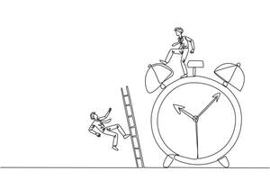 Continuous one line drawing businessman kicks opponent who climbs alarm clock with ladder. Arrogance. No need for colleagues to complete many deadlines. Single line draw design illustration vector