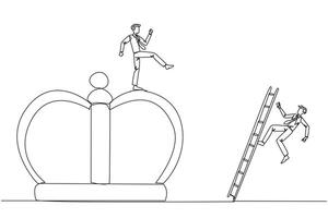 Single one line drawing businessman kicks opponent who is climbing the crown with a ladder. Making rivals fall from business glory. Unhealthy competition. Continuous line design graphic illustration vector
