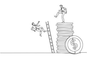 Single continuous line drawing businessman kicks opponent who climbing a pile of coins with a ladder. Greed for wealth. Forgetting comrades in arms. The traitor. One line design illustration vector
