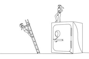 Single one line drawing businesswoman kicks opponent who climbing the safe deposit box with ladder. Dropped roughly. Unable to save important files. Rival. Continuous line design graphic illustration vector