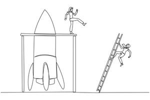 Single one line drawing businesswoman kicks opponent who climbing the rocket with a ladder. Failure to open the new business. Cheated by business friend. Continuous line design graphic illustration vector