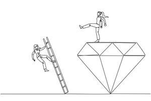 Single one line drawing businesswoman kicks rival who climbing the diamond with a ladder. Knocking rival down from achieving a glorious position together. Continuous line design graphic illustration vector