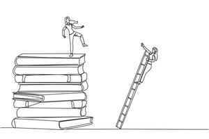 Single one line drawing businesswoman kicks opponent who climbing a pile of books with a ladder. Failed to gain access to profitable business principles. Continuous line design graphic illustration vector