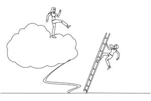 Single continuous line drawing businesswoman kicks opponent who climbing the cloud with ladder. Perfect achievement in business. Bring down competitors in any way. One line design illustration vector