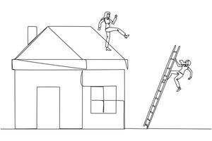 Single continuous line drawing businesswoman kicks opponent who climbs a miniature house with stairs. Metaphor of fraud committed by house developers. Bad business. One line design illustration vector