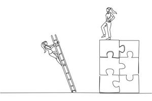 Single continuous line drawing businesswoman kicks opponent who climbing the puzzle with a ladder. Betrayed by colleague when successfully resolving a problem. One line design illustration vector