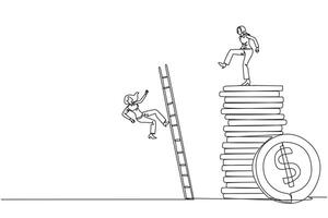 Continuous one line drawing businesswoman kicks opponent who climbs pile of coins with ladder. Greed for wealth. Forgetting comrades in arms. The traitor. Single line draw design illustration vector